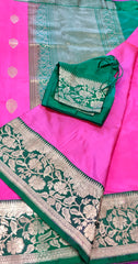 PURE BANARASI HANDLOOM KATAN SILK SAREE IN PINK WITH BOTTLE GREEN ZARI BORDER AND PALLU