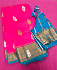 KKT108 PURE BANARASI HANDLOOM KORA SILK SAREE IN PINK WITH LIGHT BLUE ZARI BORDER AND PALLU