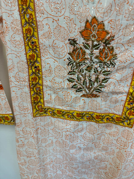 RFSS914 - Jaipuri Cotton Suit in White with Orange floral prints. Comes with Pants and Dupatta