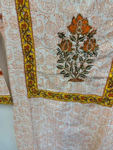 RFSS914 - Jaipuri Cotton Suit in White with Orange floral prints. Comes with Pants and Dupatta