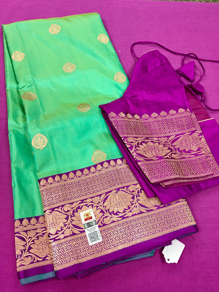 PURE BANARASI HANDLOOM KATAN SILK SAREE IN GREEN WITH PURPLE ZARI BORDER AND PALLU