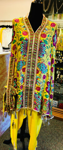 RFSS2008 -Pure Crepe Printed Kaftan In Yellow With Tulip Pants And Potli