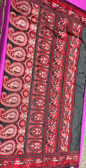 PURE HANDLOOM BALUCHURI SILK SAREE IN BLACK WITH RED AND WHITE SILK THREAD WORK