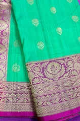 KKT113 PURE SILK TUSSAR BANARASI SAREE IN LIGHT GREEN WITH ZARI BUTTAS AND PINK CONTRAST BORDER