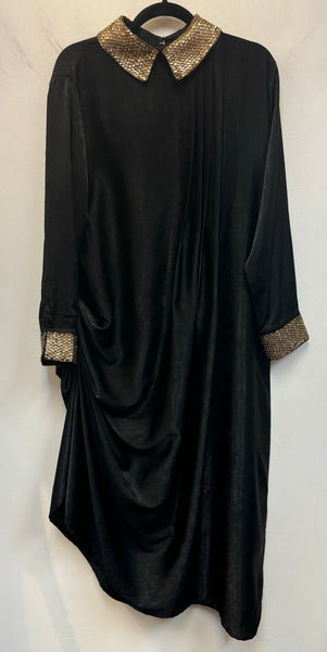 RFSS719 - Indo-Western Gown in Black Suede Velvet with heavy Embroidered Collar and Sleeve.