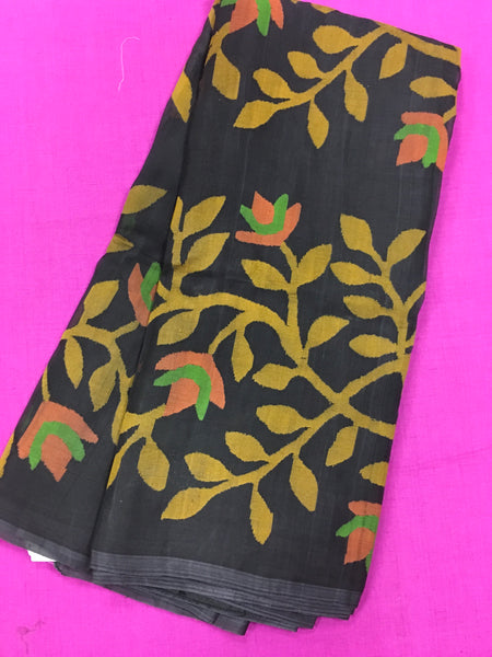 PURE MATKA SILK JAMDANI SAREE IN BLACK WITH MULTICOLOR THREAD WORK