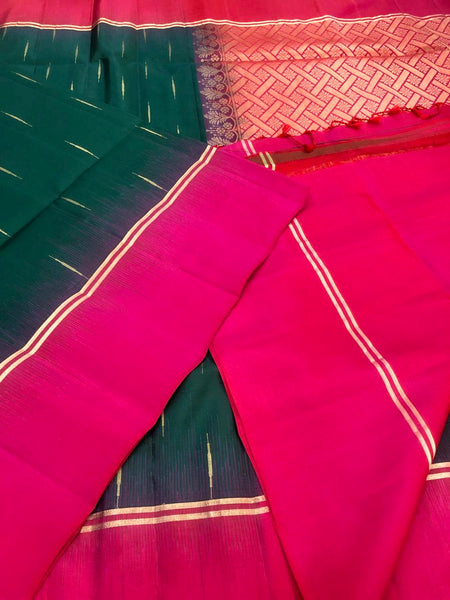 KSS326 Pure Kanjivaram Soft Silk Saree In Bottle Green w/ Dark Pink Border. Fall Peco. Stitched blouse size: 38 - 46. SILK MARK CERTIFIED