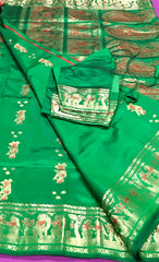 PURE HANDLOOM BALUCHURI SILK SAREE IN BOTTLE GREEN WITH RED AND GOLD ZARI THREAD WORK