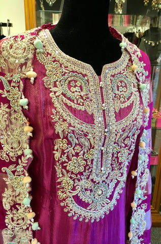 RFSS2015 -Pure Chinnon Shimmer Crepe Heavy Embridered Kurta In Magenta With Sharara Pant And Koti