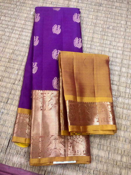 KSS313 Pure Kanjivaram Silk Saree In Purple w/ Wide Zari Border. Fall Peco done. Stitched blouse size: 38 to 46. SILK MARK CERTIFIED