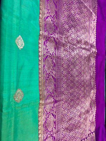 PURE BANARASI HANDLOOM KATAN SILK SAREE IN GREEN WITH PURPLE ZARI BORDER AND PALLU