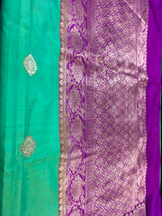 KKT116 PURE BANARASI HANDLOOM KATAN SILK SAREE IN GREEN WITH PURPLE ZARI BORDER AND PALLU