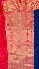 PURE BANARASI HANDLOOM KATAN SILK SAREE IN DARK BLUE WITH RED ZARI BORDER AND PALLU