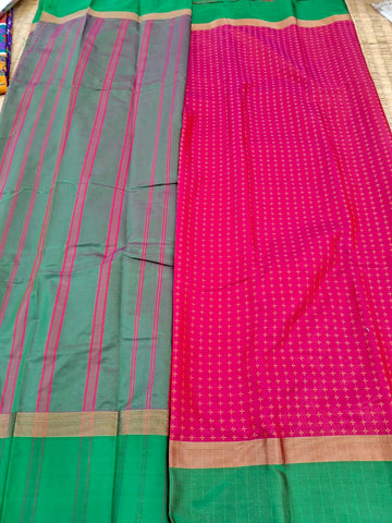 KSS316 Semi Silk Arani Pattu Saree w/ Stitched Blouse In Pink. Fall Peco done. Comes w/ stitched blouse size: 38 to 46.