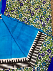 KKT140 PURE SILK MURSHIDABAD SAREE IN BLUE WITH BLACK STRIPES AND FLORAL DESIGN PALLU