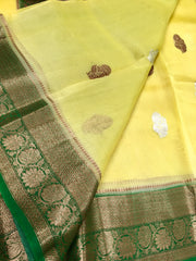 KKT110 PURE BANARASI HANDLOOM KORA SILK SAREE IN LEMON YELLOW WITH GREEN ZARI BORDER AND PALLU