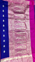 PURE BANARASI HANDLOOM KATAN SILK SAREE IN BLUE WITH PINK  ZARI BORDER AND PALLU