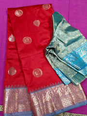 SKH132 SEMI-GADWAL SILK SAREE IN RED WITH LIGHT BLUE ZARI BORDER