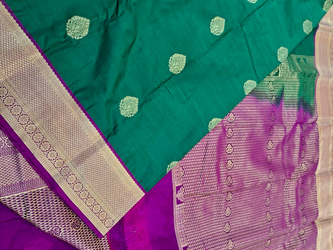 KSS339 Kanjivaram Semi Silk Saree In Dark Pink w/ Dark Green Border. Fall Peco done. Comes w/ stitched blouse size: 38 to 46.