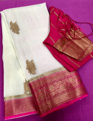 KKT109 PURE BANARASI HANDLOOM KORA SILK SAREE IN WHITE WITH PINK ZARI BORDER AND PALLU