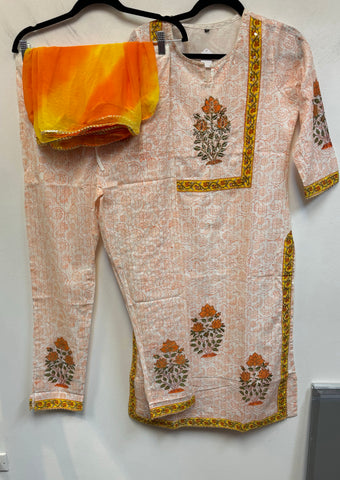 RFSS914 - Jaipuri Cotton Suit in White with Orange floral prints. Comes with Pants and Dupatta