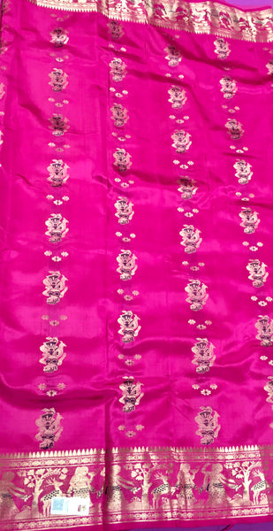 PURE HANDLOOM BALUCHURI SILK SAREE IN PINK WITH PURPLE AND GOLD ZARI THREAD WORK