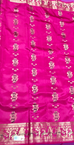 PURE HANDLOOM BALUCHURI SILK SAREE IN PINK WITH PURPLE AND GOLD ZARI THREAD WORK