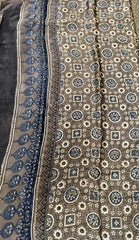 PURE MODAL SILK SAREE IN GRAY WITH INDIGO AJRAKH PRINT