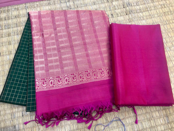 KSS335 Pure Kanjivaram Checkered Soft Silk Saree. Green w/ Dark Pink Border. Fall Peco. Stitched blouse size: 38 - 46. SILK MARK CERTIFIED