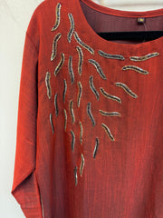 RFSS786 - Designer Silk Cotton Kurta in Rust Color with Embroidery on Yoke
