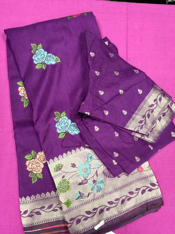 SKH119 BANARASI SEMI-GEORGETTE SAREE IN VIOLET WITH FLORAL MOTIFS AND PALLU