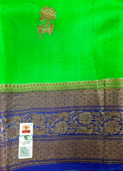 KKT112 PURE BANARASI HANDLOOM KORA SILK SAREE IN PARROT GREEN WITH BLUE  ZARI BORDER AND PALLU