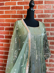 AMI101 - Party Wear Sharara Set in Sage Green (Ombre) with Heavy Embroidery work. Comes with Dupatta