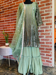 AMI101 - Party Wear Sharara Set in Sage Green (Ombre) with Heavy Embroidery work. Comes with Dupatta