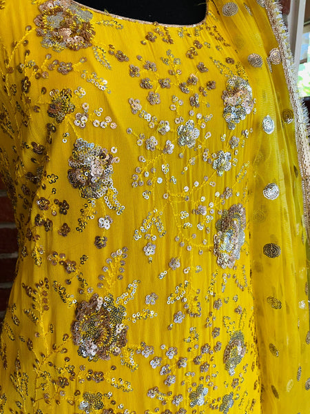 AMI106 - Party Wear Suit with High-Low design in Yellow with Heavy Sequin work. Comes with Dhoti Pants and Dupatta