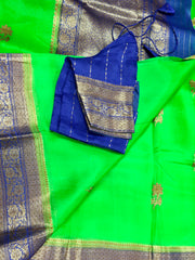 KKT112 PURE BANARASI HANDLOOM KORA SILK SAREE IN PARROT GREEN WITH BLUE  ZARI BORDER AND PALLU