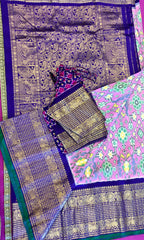 SKH135 PURE HANDLOOM SILK IKKAT KANCHIPURAM SAREE IN PASTEL PINK WITH BLUE KANCHIPURAM BORDER