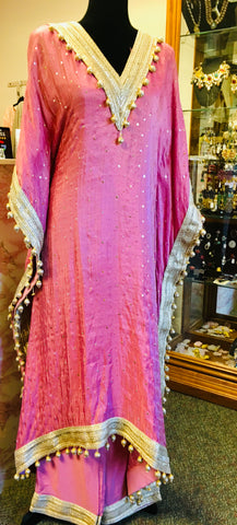 RFSS2005 -Pure Chinnon Georgette Mukesh Work Kaftan In Pink With Staright Pants