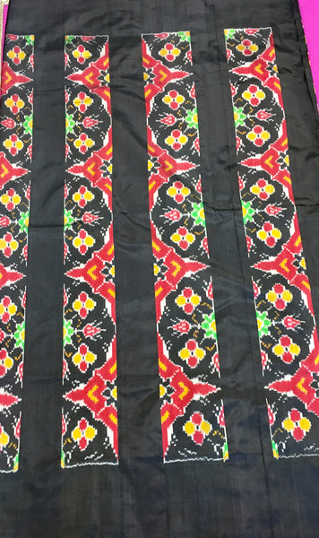 PURE HANDLOOM SILK IKKAT SAREE IN BLACK WITH PLAIN BLACK SILK BORDER