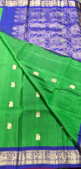 SKH141 PURE GADWAL HANDLOOM SILK SAREE IN GREEN  WITH BLUE ZARI BORDER AND PALLU