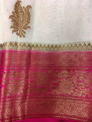 KKT109 PURE BANARASI HANDLOOM KORA SILK SAREE IN WHITE WITH PINK ZARI BORDER AND PALLU