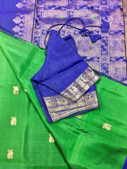 SKH141 PURE GADWAL HANDLOOM SILK SAREE IN GREEN  WITH BLUE ZARI BORDER AND PALLU