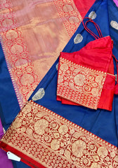 PURE BANARASI HANDLOOM KATAN SILK SAREE IN DARK BLUE WITH RED ZARI BORDER AND PALLU