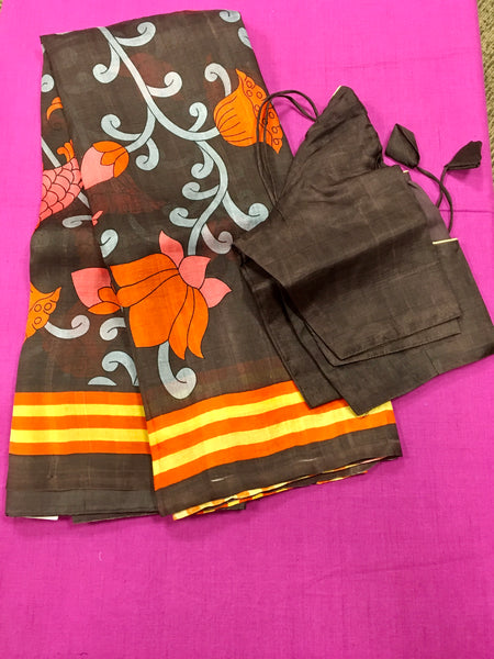 KKT146 PURE SILK MURSHIDABAD SAREE IN BROWN WITH KALAMKARI FLORAL DESIGN