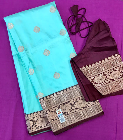 PURE BANARASI HANDLOOM KATAN SILK SAREE IN MINT GREEN WITH COFFEE BROWN ZARI BORDER AND PALLU