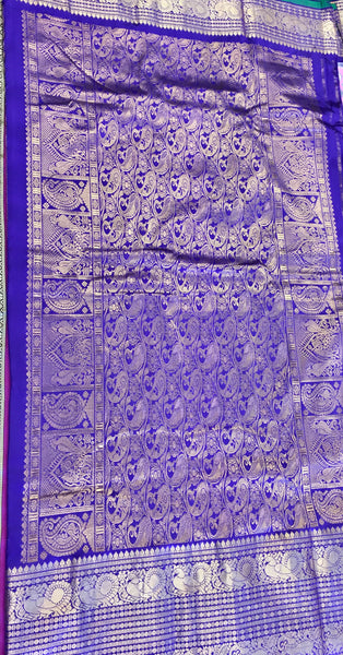 PURE HANDLOOM SILK IKKAT KANCHIPURAM SAREE IN PASTEL PINK WITH BLUE KANCHIPURAM BORDER