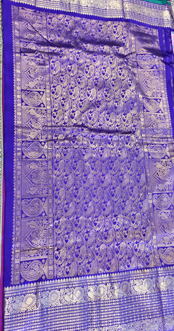 SKH135 PURE HANDLOOM SILK IKKAT KANCHIPURAM SAREE IN PASTEL PINK WITH BLUE KANCHIPURAM BORDER