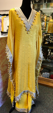 RFSS2006 -Pure Chinnon Georgette Mukesh Work Kaftan In Yellow With Staright Pants