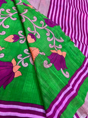 KKT139 PURE SILK MURSHIDABAD SAREE IN GREEN WITH KALAMKARI FLORAL DESIGN