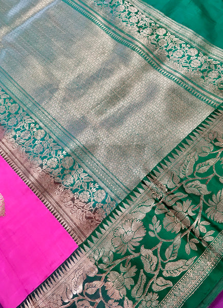 PURE BANARASI HANDLOOM KATAN SILK SAREE IN PINK WITH BOTTLE GREEN ZARI BORDER AND PALLU